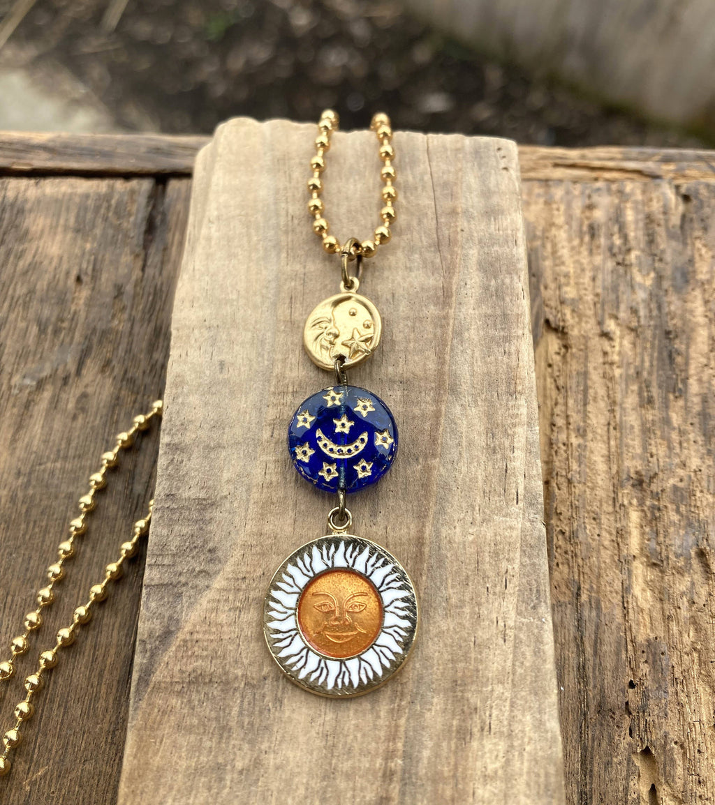 Enamel Sun & Crescent Moon Lariat Necklace