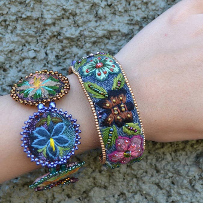 Embroidered & Beaded Denim Flower Cuff Bracelet