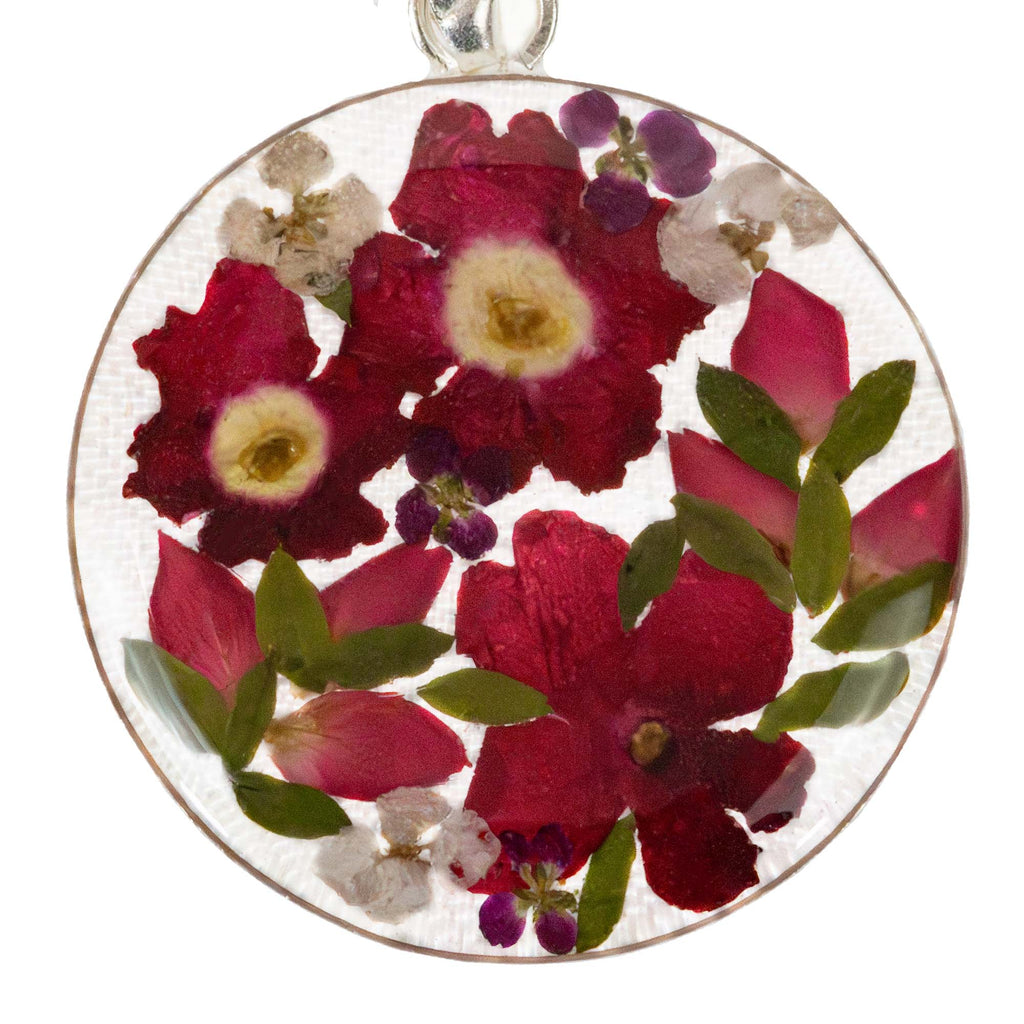Pressed Flower Bouquet Round Pendant Necklace