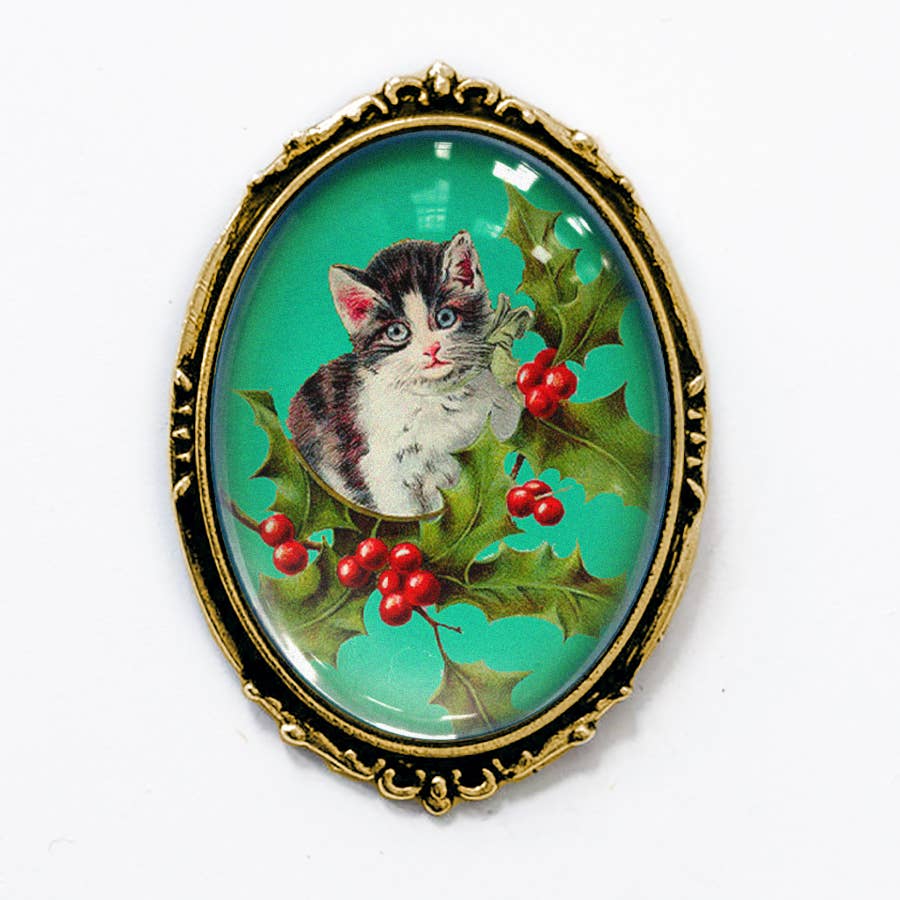 Vintage Christmas Kitten Holly Brooch Gold or Silver Holiday