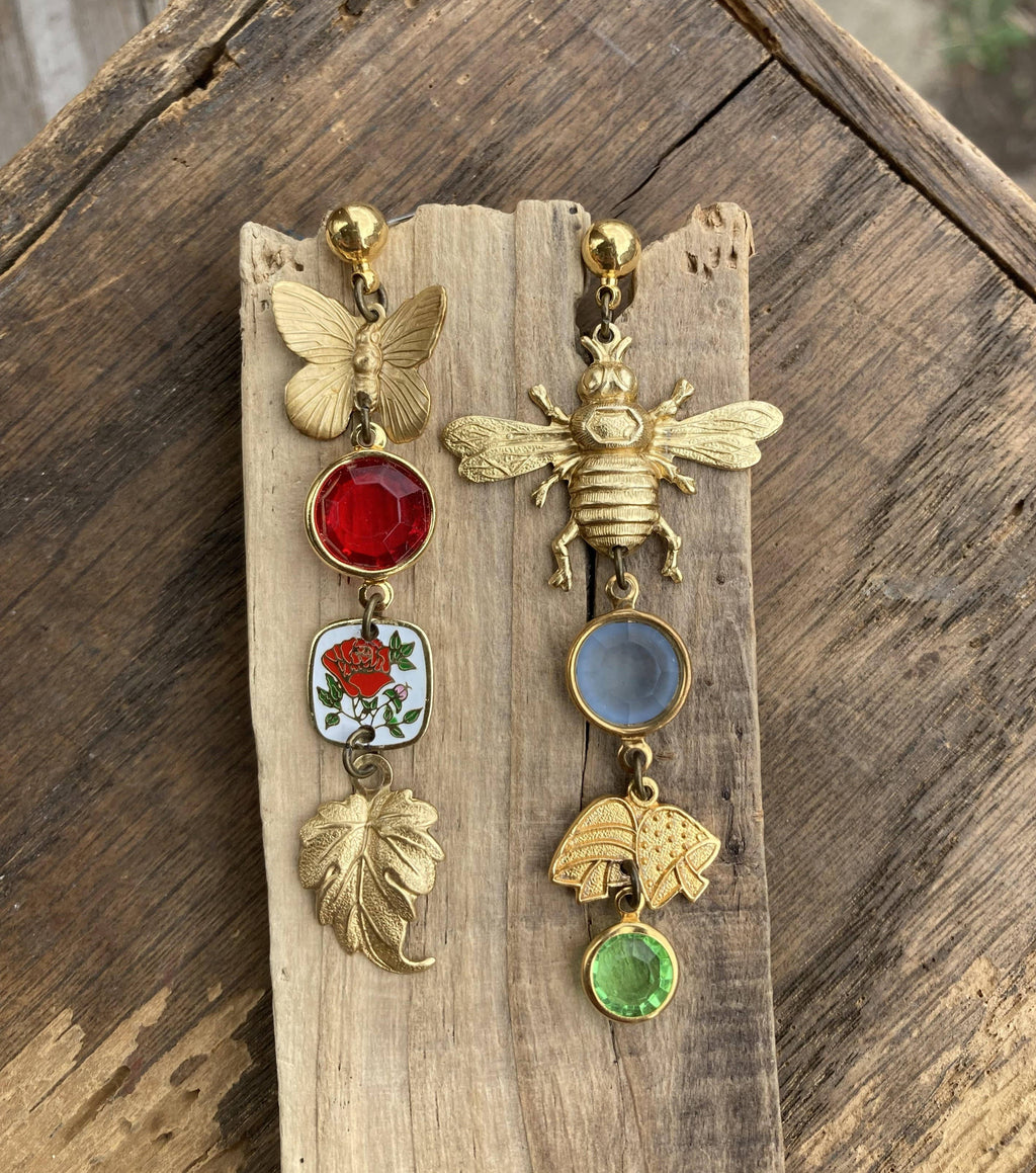 Nature Study Brass & Crystal Charm Earrings