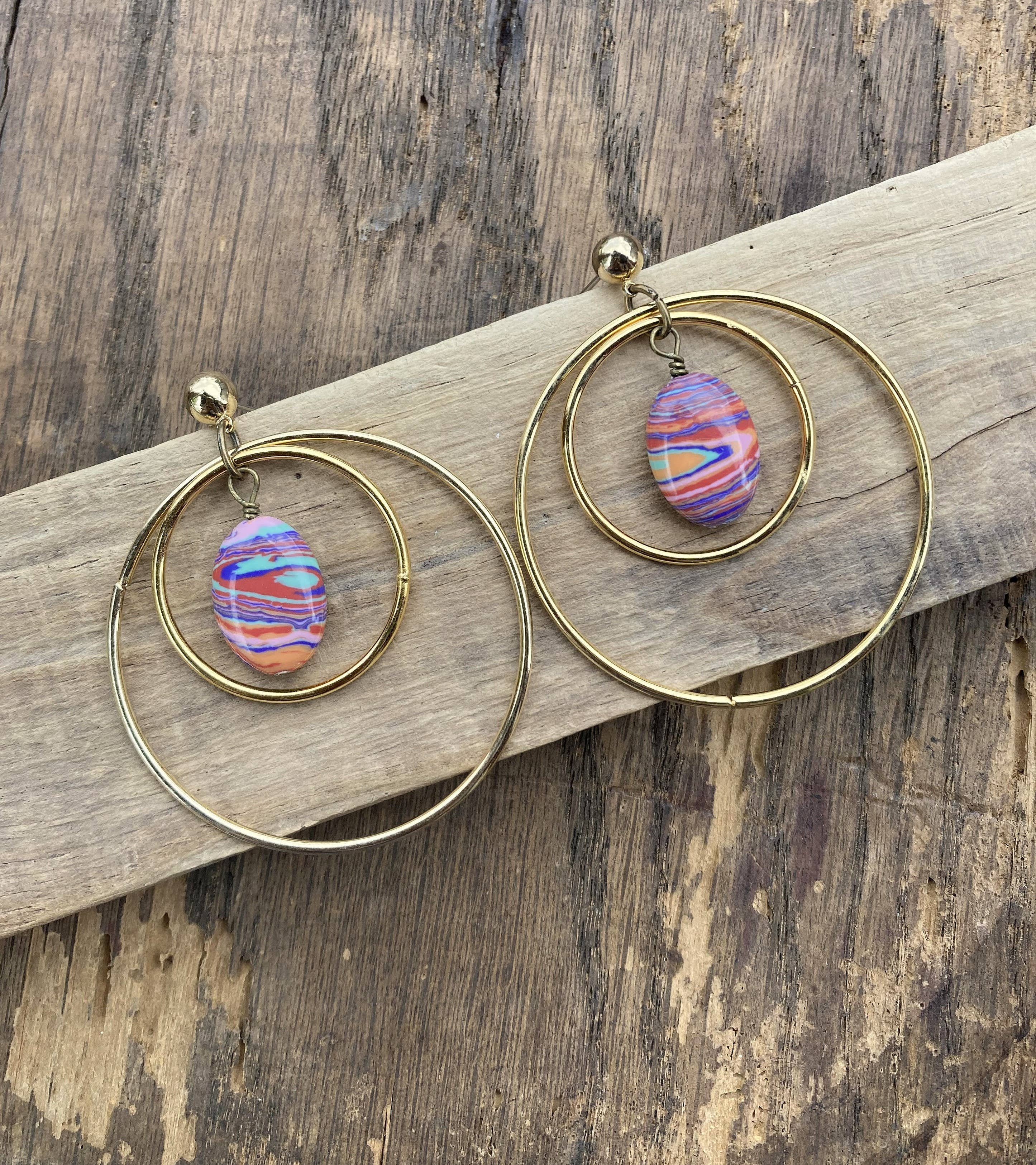 Tie Dye Bead & Gold Hoop Post Dangle Earrings