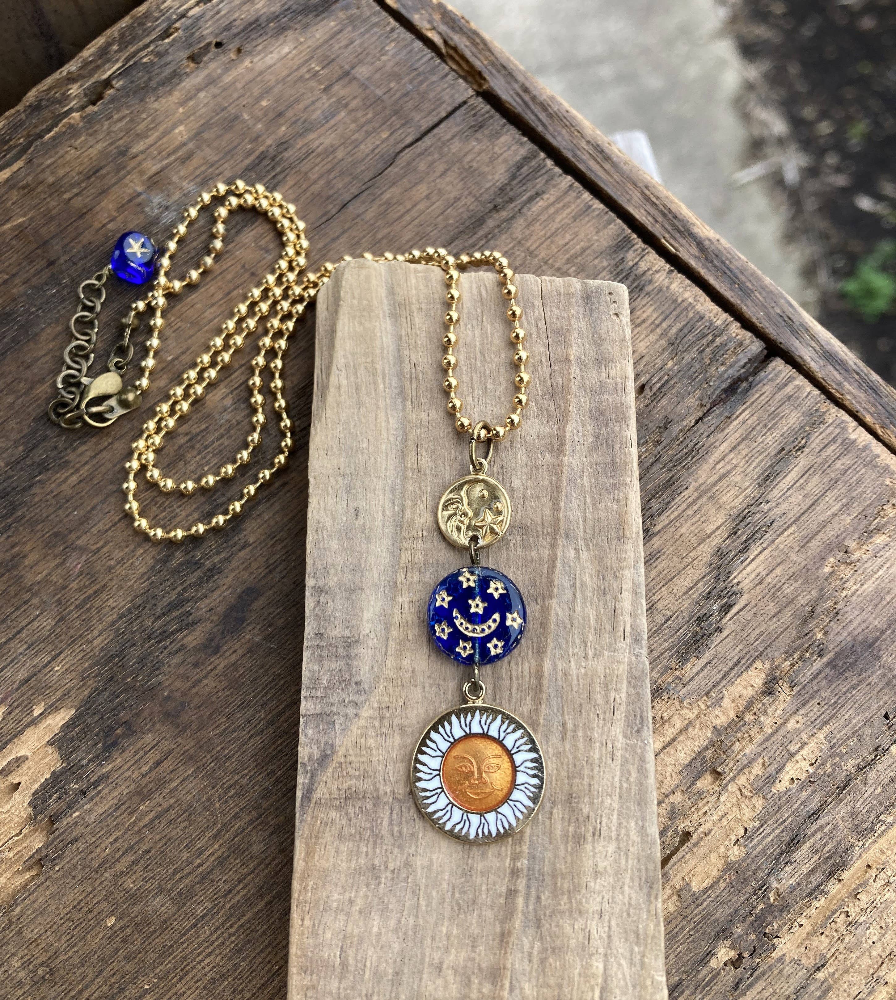Enamel Sun & Crescent Moon Lariat Necklace