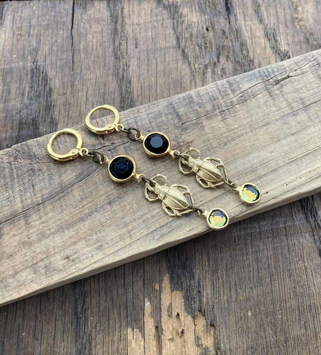 Brass & Crystal Beetle Huggie Hoop Earrings