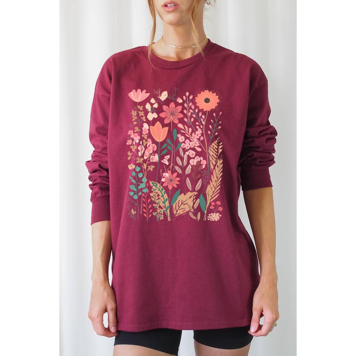 Pastel Wildflower Floral Graphic Long Sleeve Tees