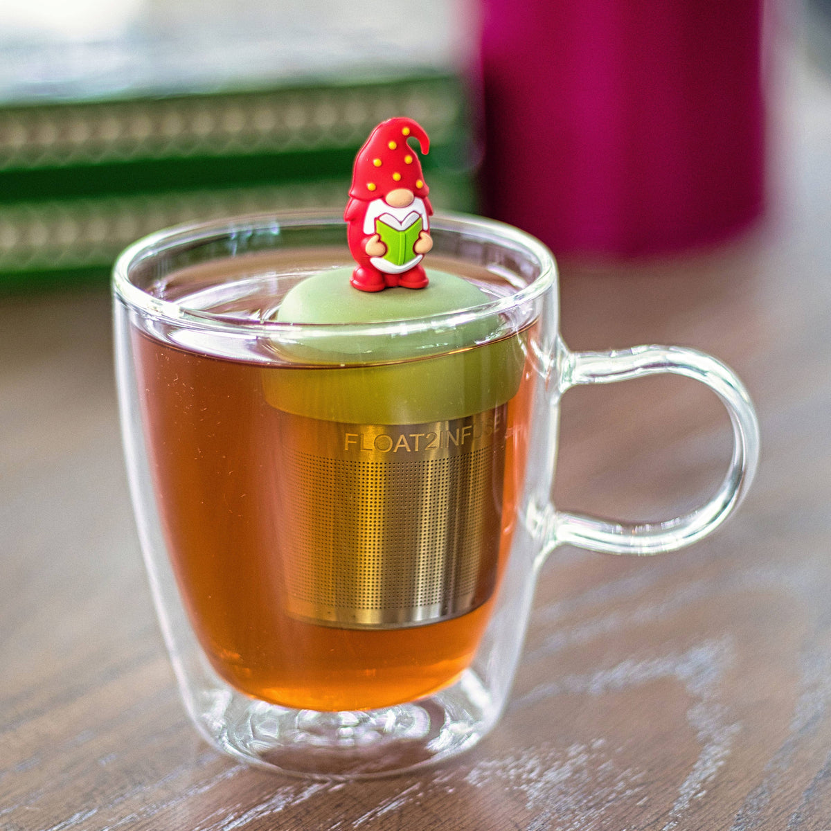 Book Reading Gnome | Floating Tea Infuser | Green Base | Red