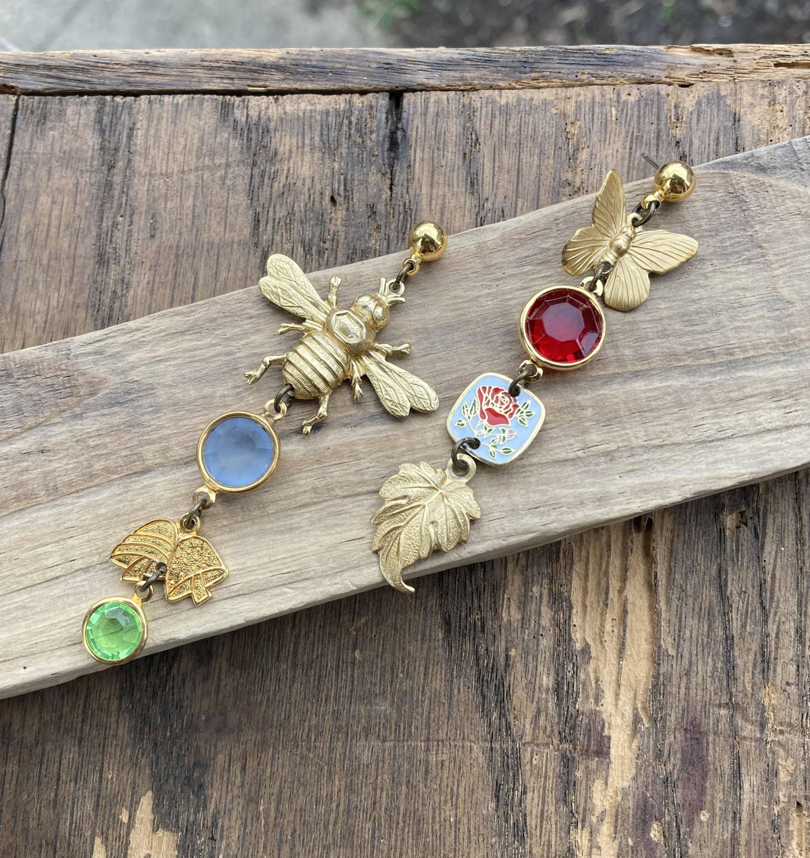 Nature Study Brass & Crystal Charm Earrings