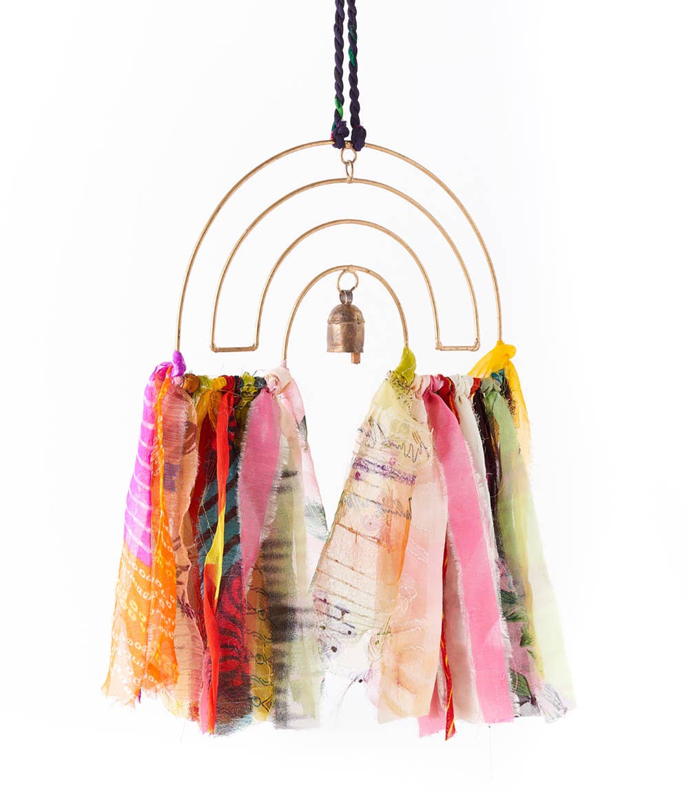 Rainbow Bell Wind Chime Upcycled Sari - Handmade Home