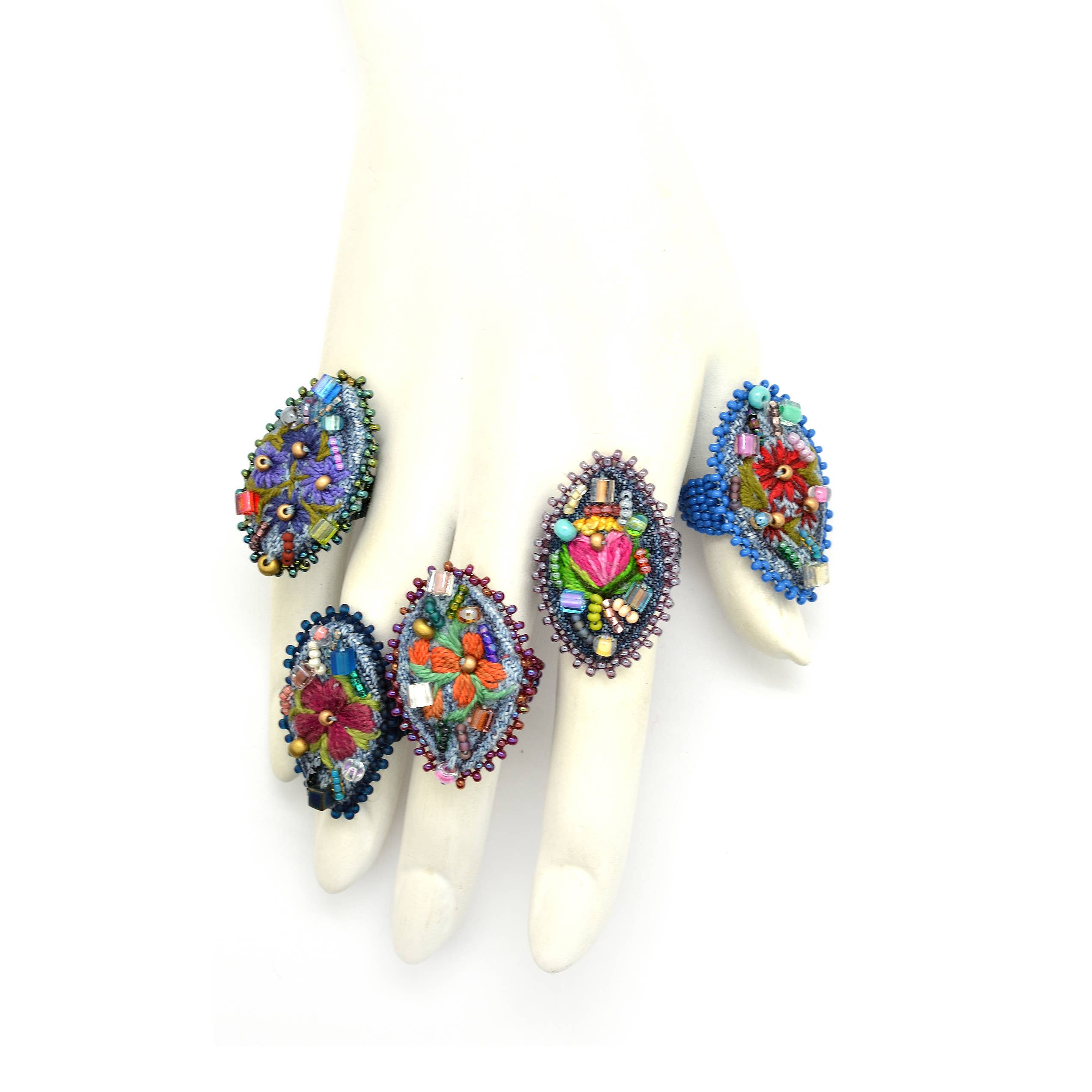 Beaded & Embroidered Flower Frida Rings
