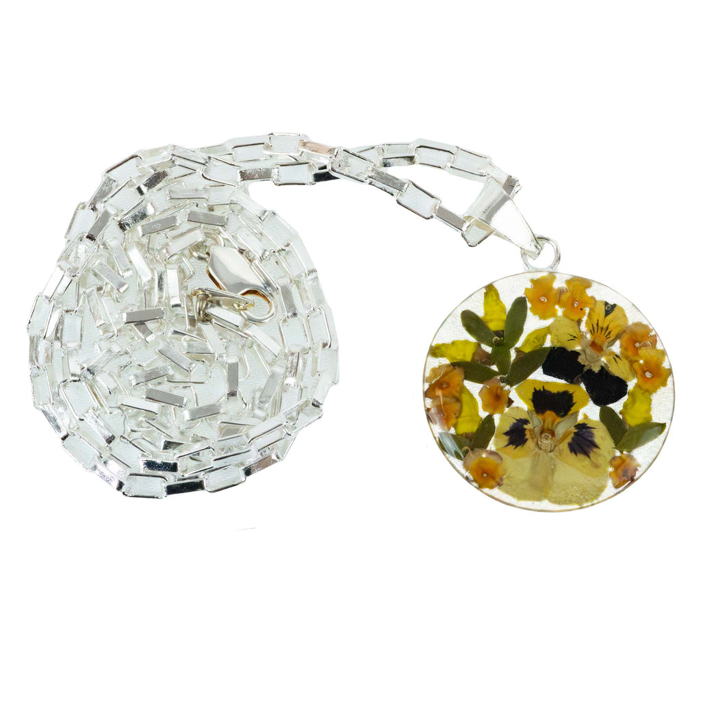 Pressed Flower Bouquet Round Pendant Necklace