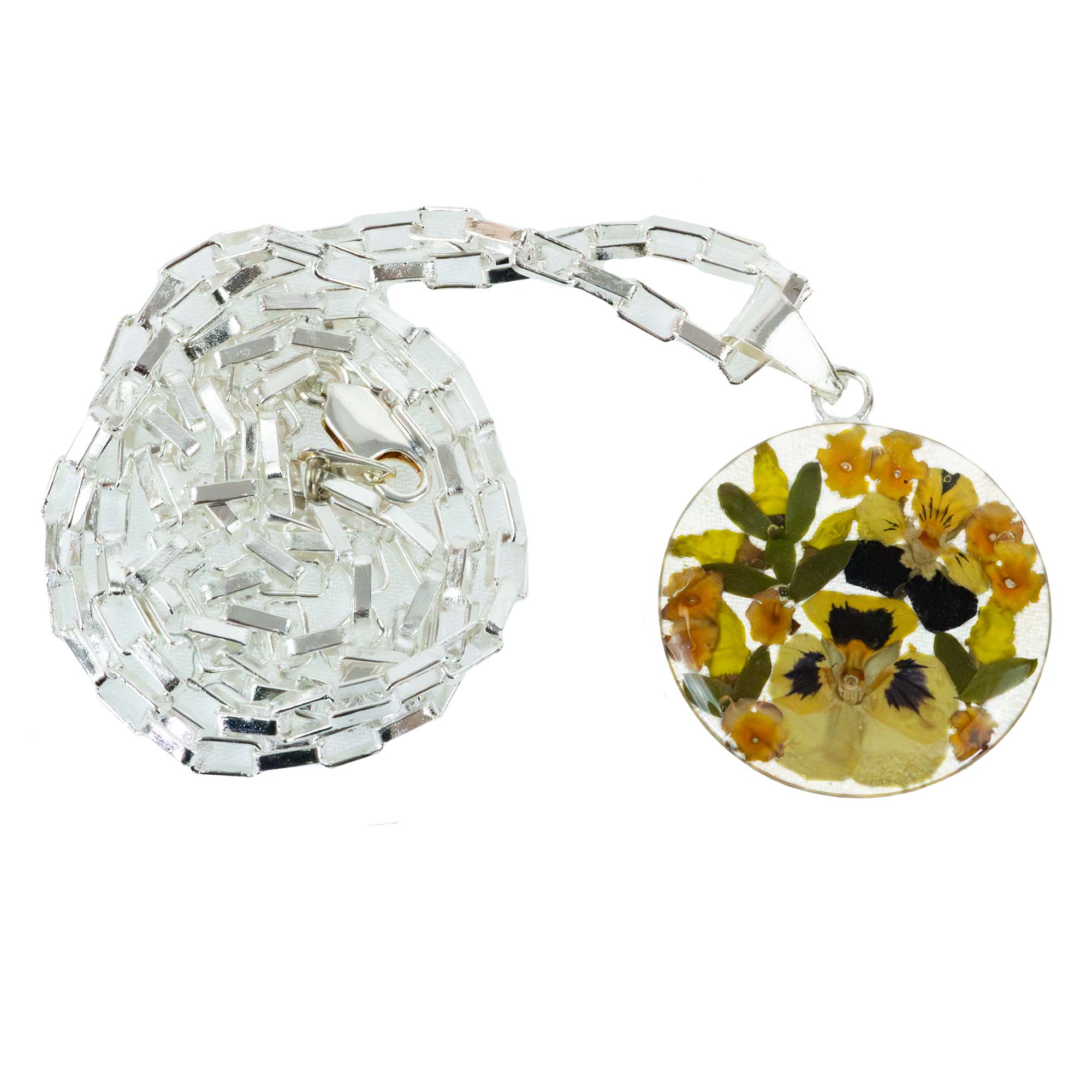 Pressed Flower Bouquet Round Pendant Necklace