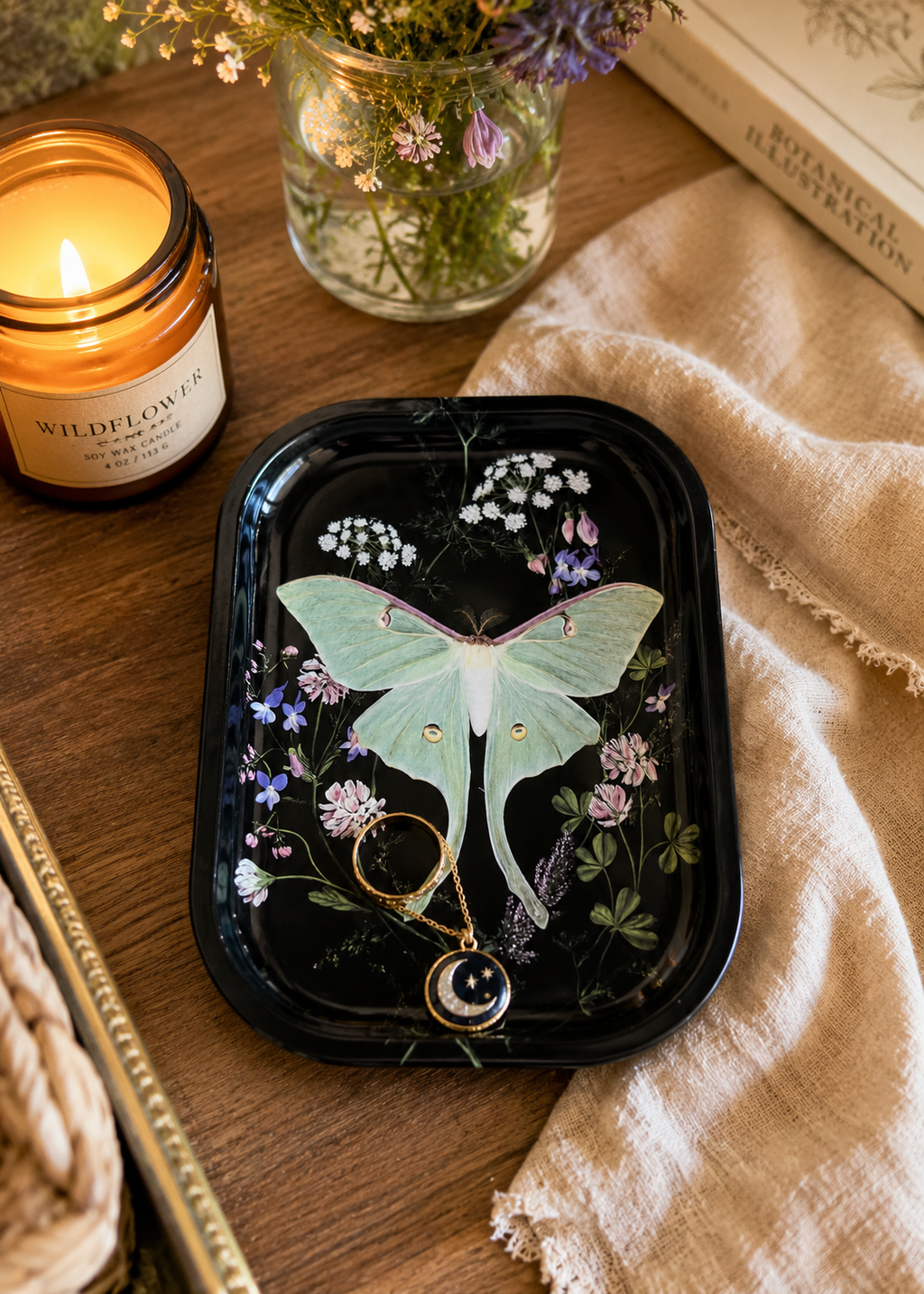 Luna Moth Wildflowers Metal Tray