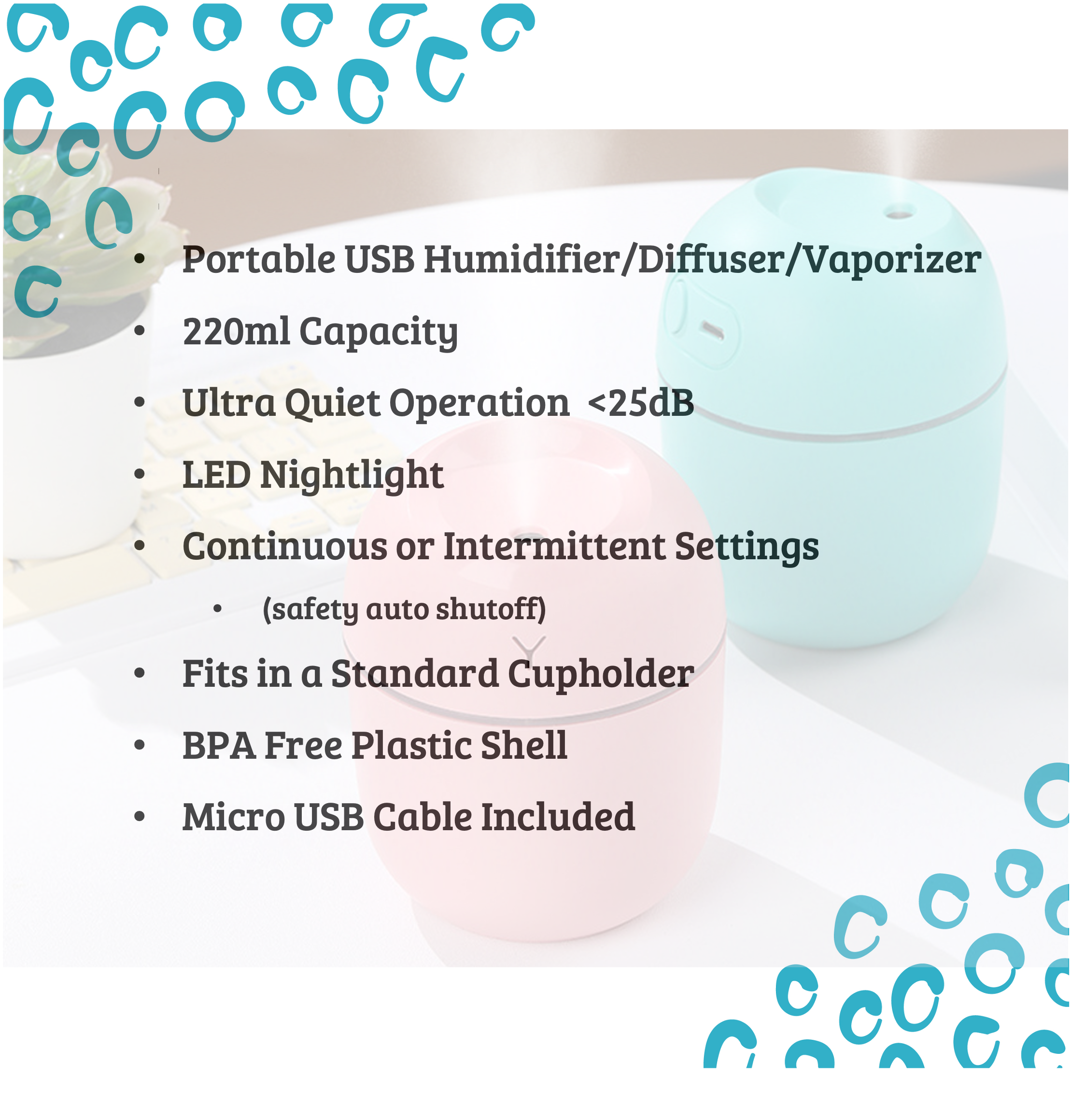 Mini Cool Mist Diffuser/Humidifier, Nightlight, 220ml, USB