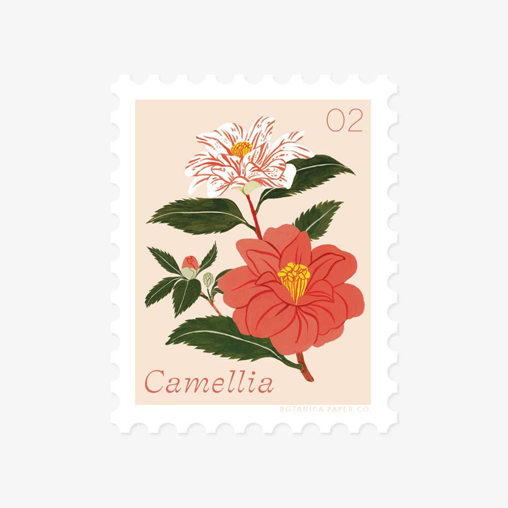 CAMELLIA, FEBRUARY FLOWER | STAMP-STYLE VINYL STICKER