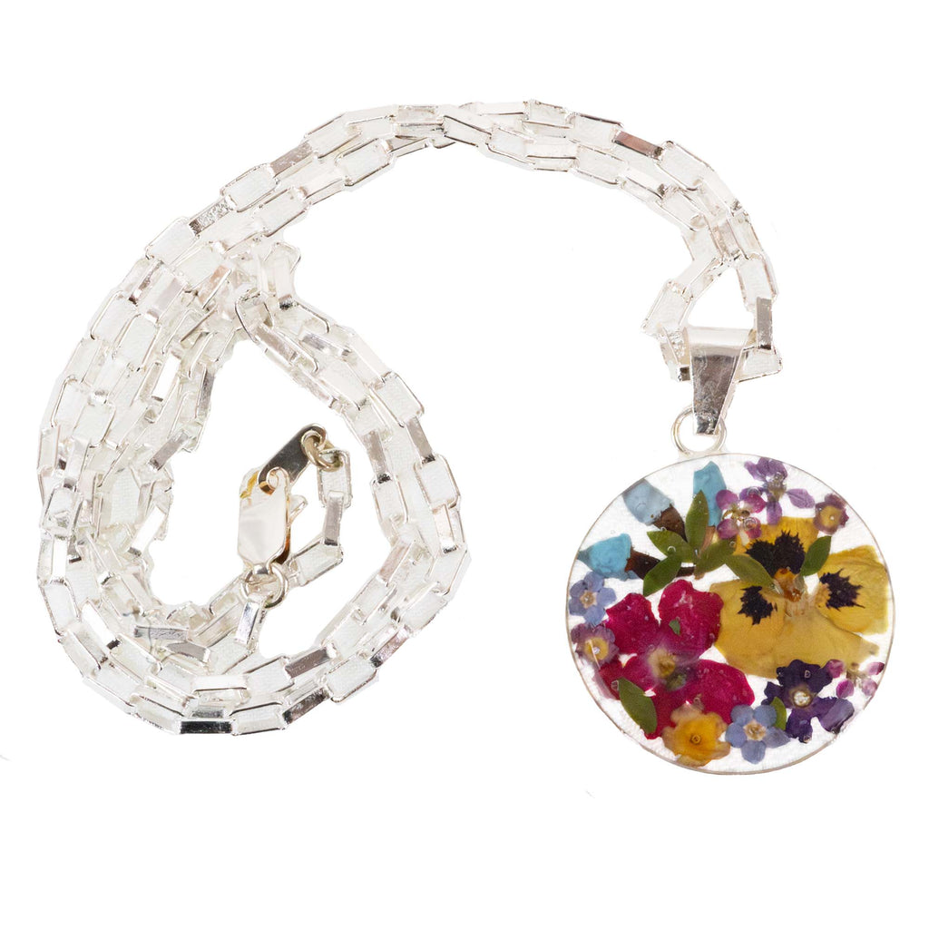 Pressed Flower Bouquet Round Pendant Necklace