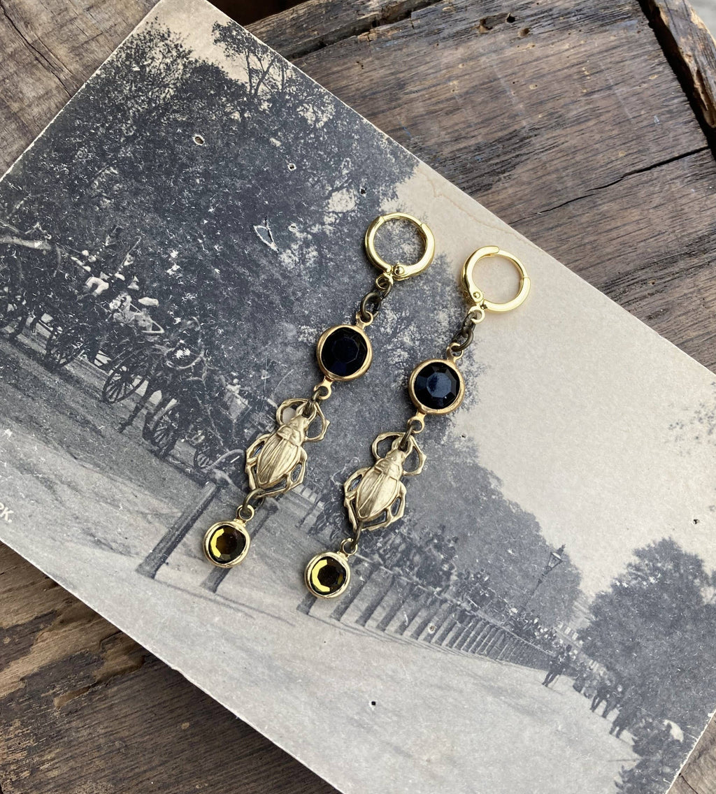 Brass & Crystal Beetle Huggie Hoop Earrings