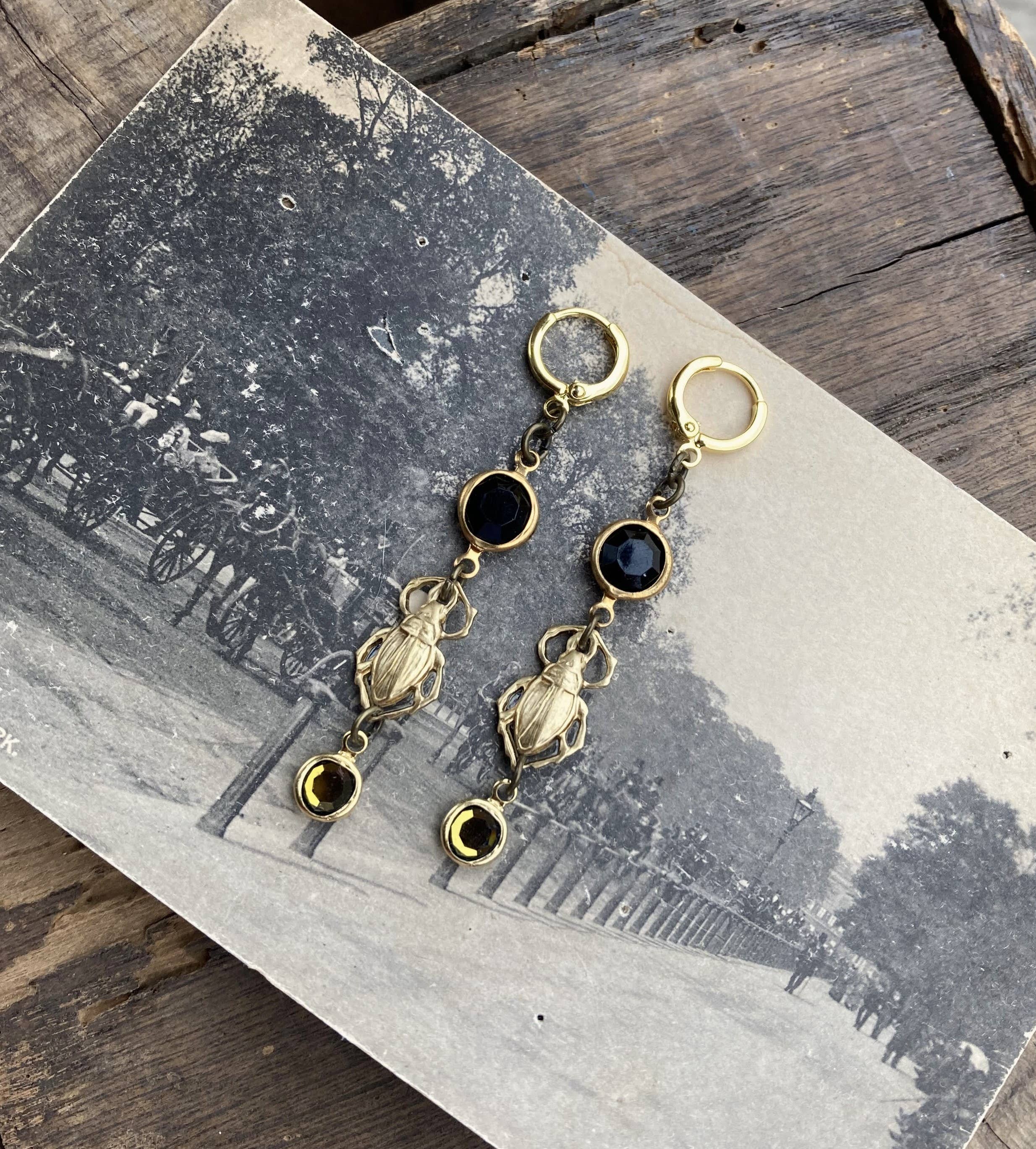 Brass & Crystal Beetle Huggie Hoop Earrings