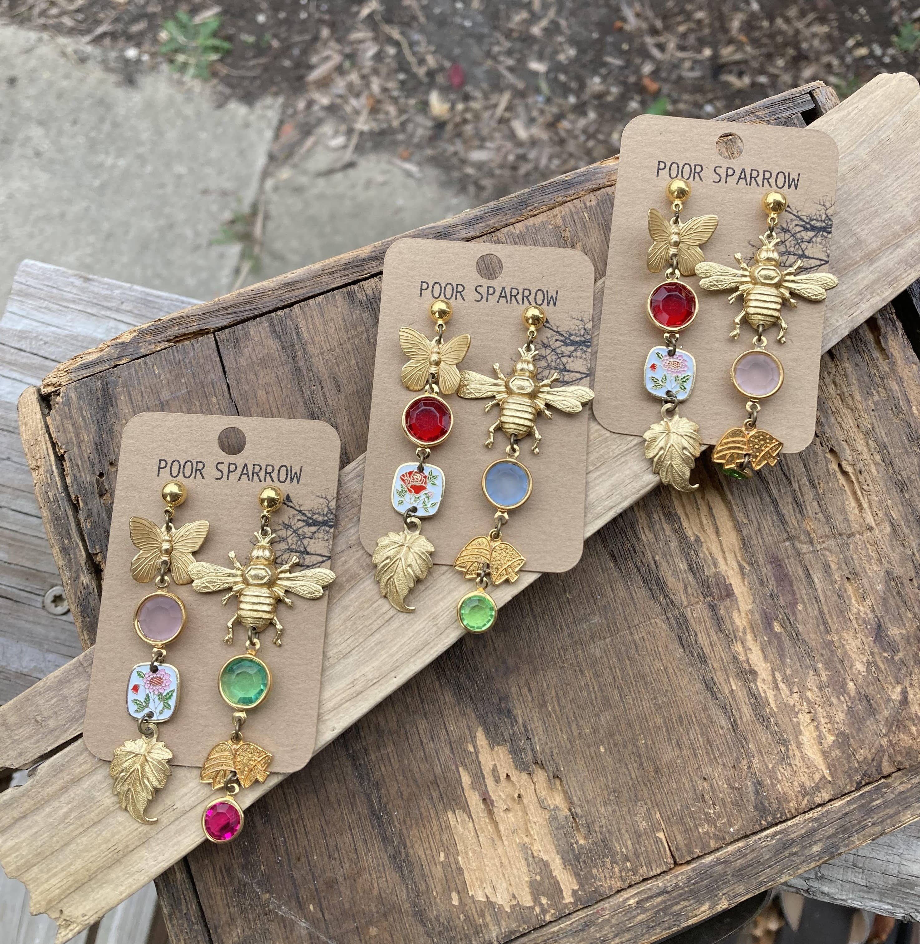 Nature Study Brass & Crystal Charm Earrings
