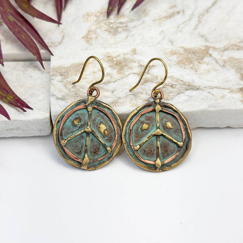 Peace Sign Brass Patina Earrings