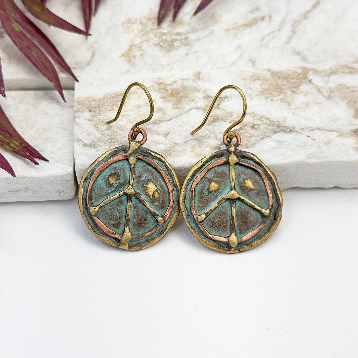 Peace Sign Brass Patina Earrings