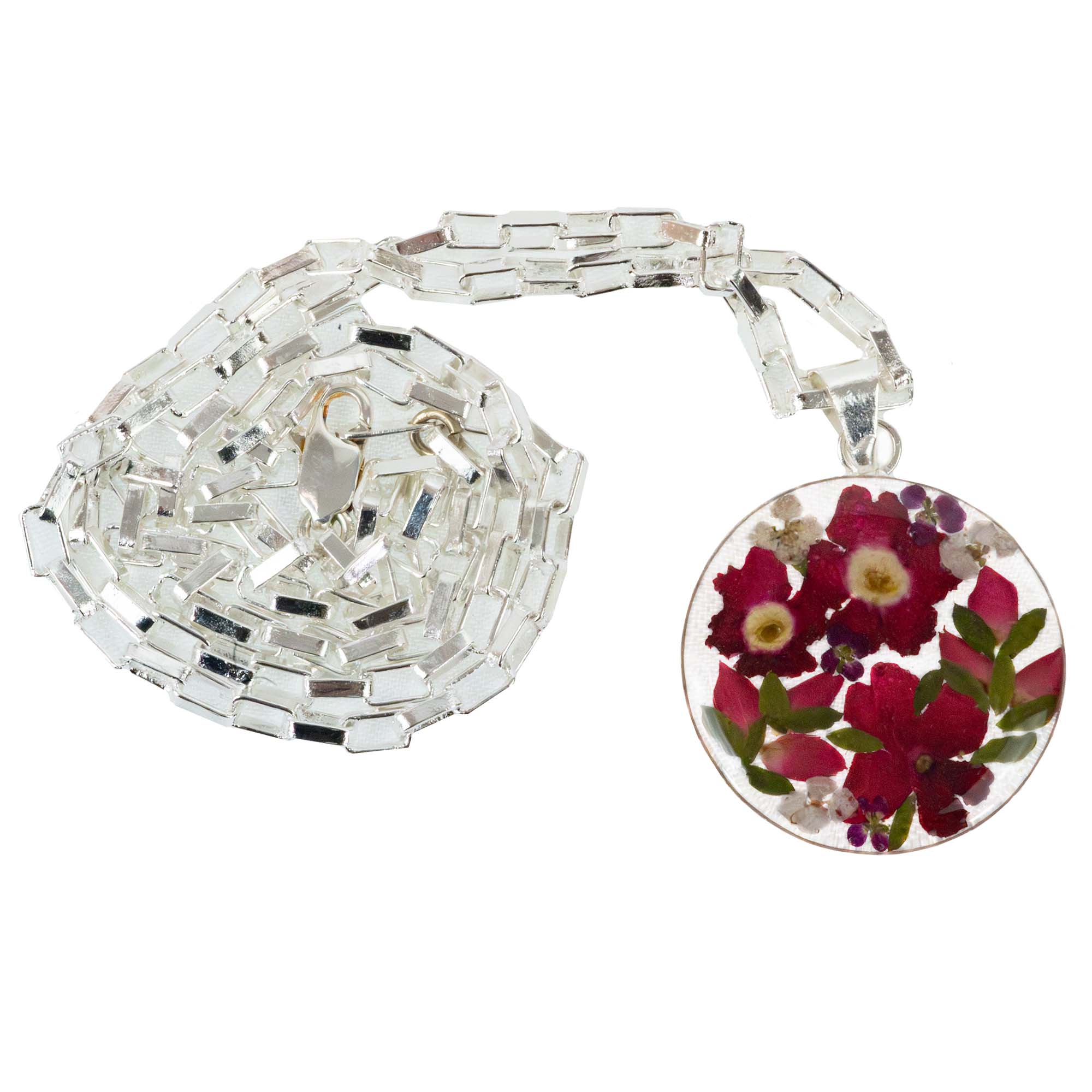 Alpaca Silver Pressed Flower Bouquet Round Pendant Necklace - MIXED COLORS