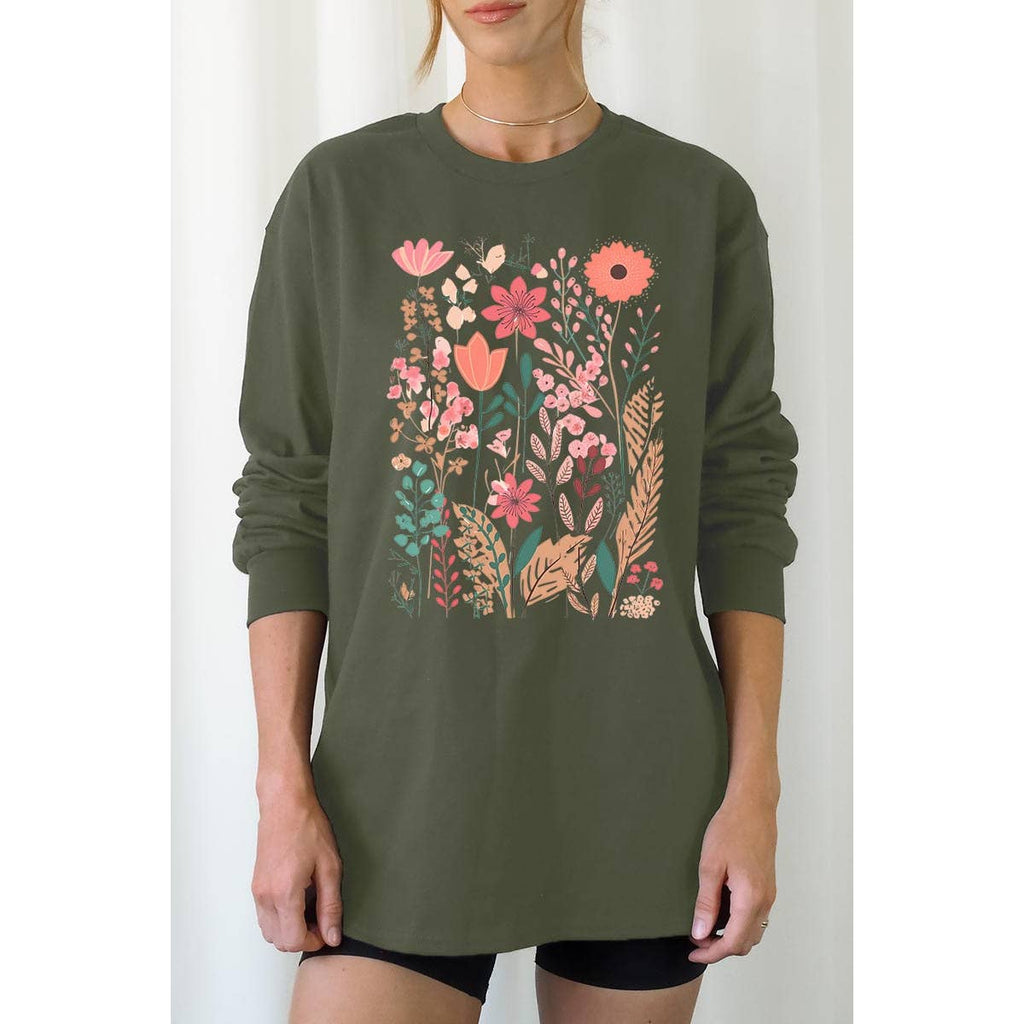 Pastel Wildflower Floral Graphic Long Sleeve Tees