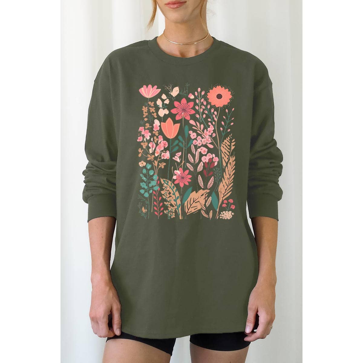 Pastel Wildflower Floral Graphic Long Sleeve Tees